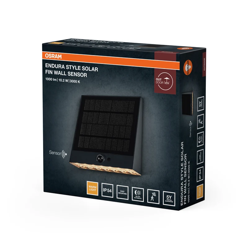 OSRAM Endura Style Solar LED Wandleuchte Fin, 10,2W, 3000K warmweiß, 890 lm, PIR Sensor, IP54, 18 Tage Akku