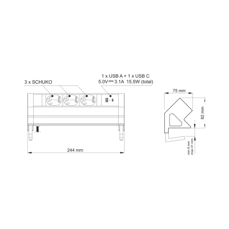 Möbel-Steckdose 3-fach USB A und C Büro Mehrfachsteckdose Steckdosenleiste 1,8m