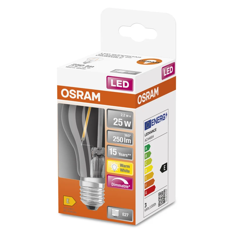 OSRAM LED Lampe LED Retrofit CLASSIC A DIM 2.2W 827 Clear E27, 250 lm, 2700 K, Warmweiß