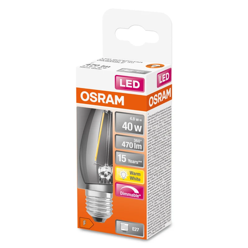 OSRAM LED Lampe LED Retrofit CLASSIC B DIM 4.8W 827 Clear E27, 470 lm, 2700 K, Warmweiß