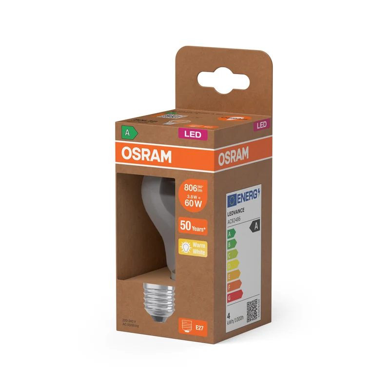 OSRAM LED LAMPS ENERGY CLASS A ENERGY EFFICIENCY FILAMENT CLASSIC A in A-Form, LED-Lampe, Bleifreies Glas, Klar, 3,8 W, 806 lm, Warmweiß, Energieeffizienzklasse: A