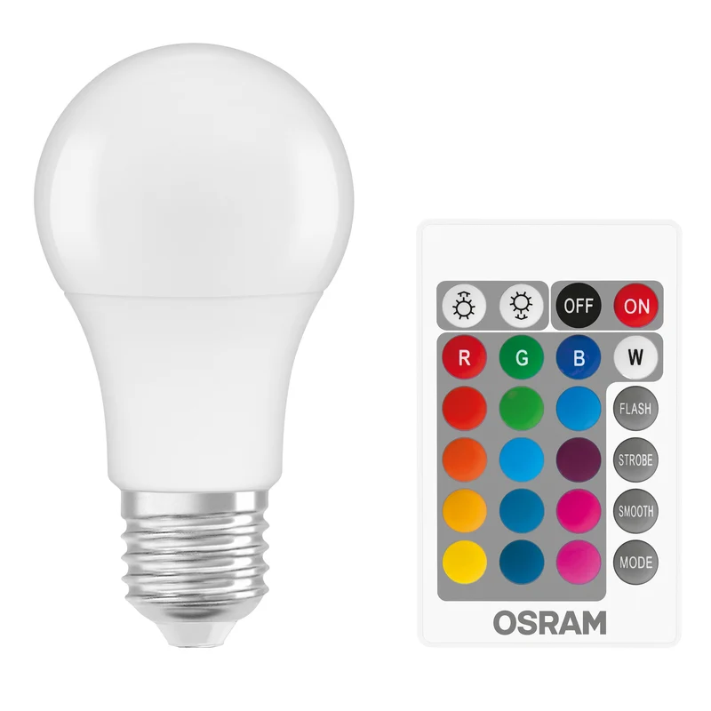 OSRAM LED Retrofit RGBW lamps with remote control in A-Form, LED-Lampe, Matt, 9,4 W, (ex 60 W), 806 lm, Warmweiß, 2700 K, Dimmbar, 25000 h, CRI 80, Fernbedienung, 2er
