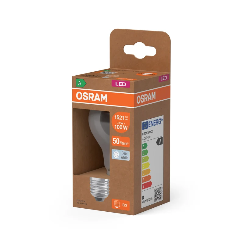 OSRAM LED LAMPS ENERGY CLASS A ENERGY EFFICIENCY FILAMENT CLASSIC A in A-Form, LED-Lampe, Bleifreies Glas, Klar, 7,2 W, 1521 lm, Kaltweiß, Energieeffizienzklasse: A