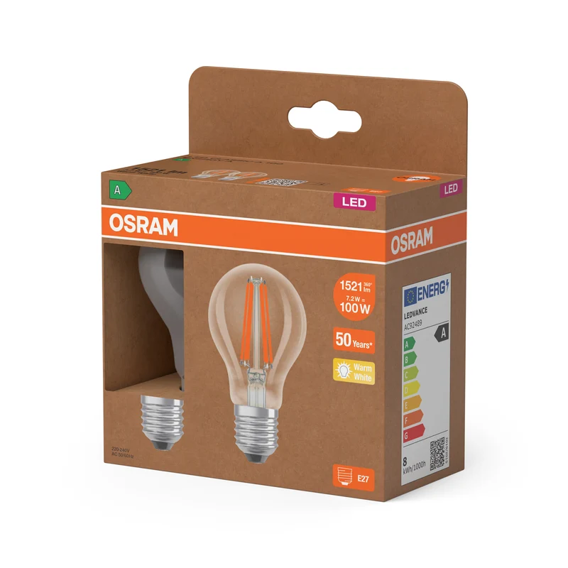 OSRAM LED LAMPS ENERGY CLASS A ENERGY EFFICIENCY FILAMENT CLASSIC A in A-Form, LED-Lampe, Bleifreies Glas, Klar, 7,2 W, 1521 lm, Warmweiß, Energieeffizienzklasse: A, 2er
