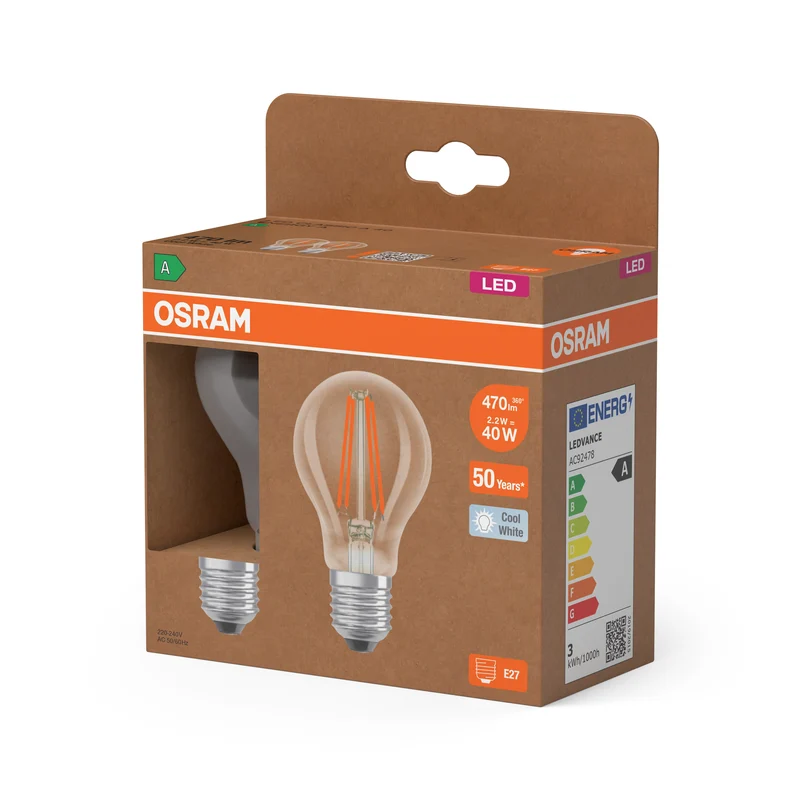 OSRAM LED LAMPS ENERGY CLASS A ENERGY EFFICIENCY FILAMENT CLASSIC A in A-Form, LED-Lampe, Bleifreies Glas, Klar, 2,2 W, 470 lm, Kaltweiß, Energieeffizienzklasse: A, 2er
