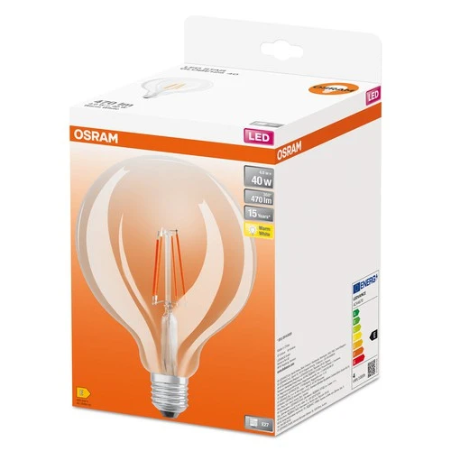 OSRAM LED-Lampen, klassische Ballform, 40 Watts Ersatz, E27, G125, 2700 Kelvin, Warm weiß, Klares Glas, single Pack