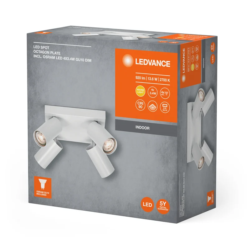 LEDVANCE LED SPOT OCTAGON PL 4 x 3,4W, GU10, 920lm, weiß, 2. 700K Farbtemperatur, warmweiße Lichtfarbe, zeitloses Design, austauschbare LED-Lampe, ideal für Innenräume, CRI 90, verstellbare Köpfe