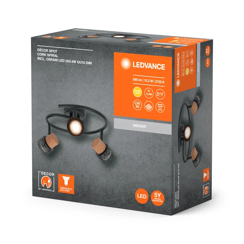 LEDVANCE DECOR SPOT CORK Spiral, 3 x 3,4W, 690lm, schwarz, Spotleuchte, verstellbare Köpfe, vielseitig anwendbar, Innenraumspot, austauschbare LED-Lampen, dimmbar, warmweiße Lichtfarbe, GU10