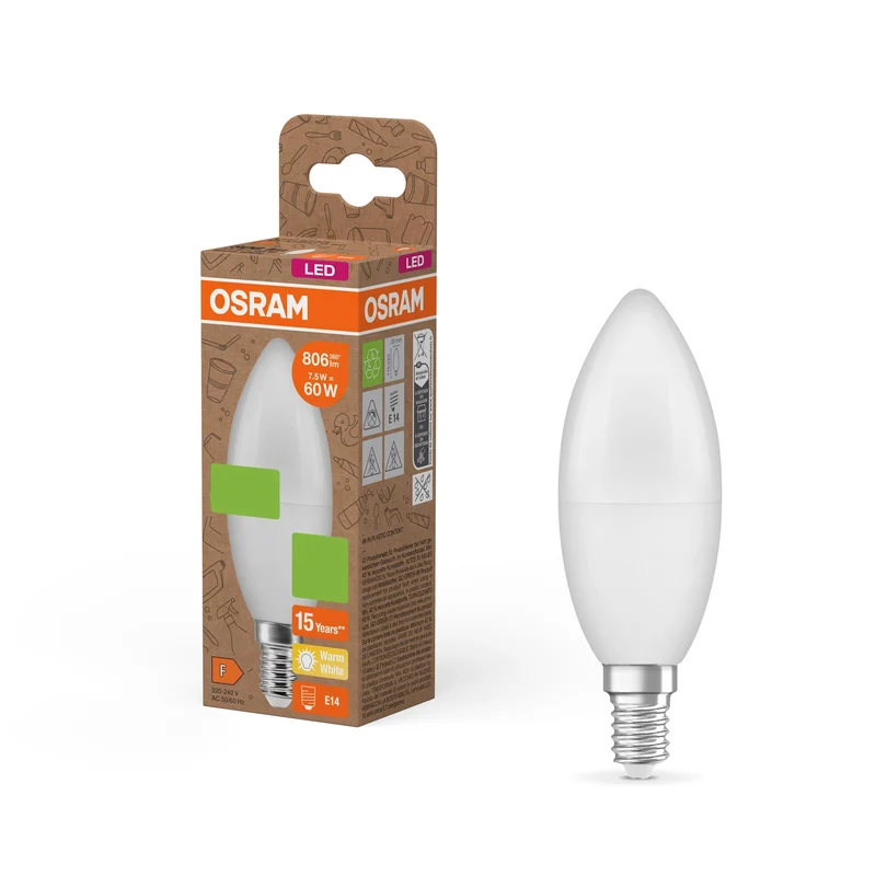 OSRAM LED PCR LAMPS WITH CLASSIC B , LED-Lampe, Matt, 7,5 W, (ex 60 W), 806 lm, Warmweiß, 2700 K, 15000 h, CRI ≥80