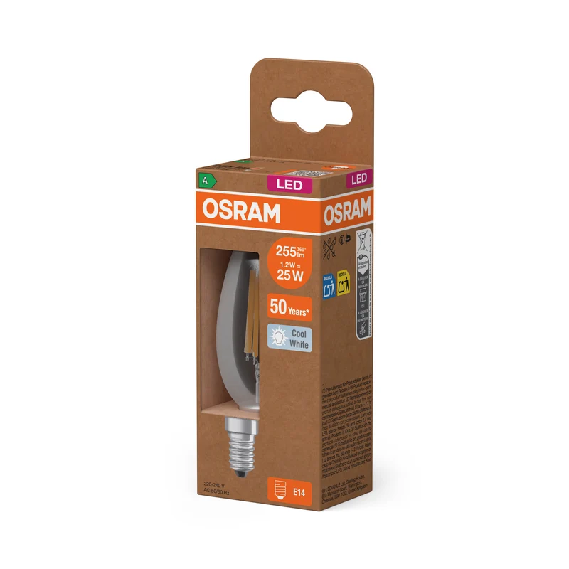OSRAM LED CLASSIC B ENERGY EFFICIENCY A , LED-Lampe, Bleifreies Glas, Klar, 1,2 W, (ex 25 W), 255 lm, Kaltweiß, 4000 K, Energieeffizienzklasse: A, CRI 80