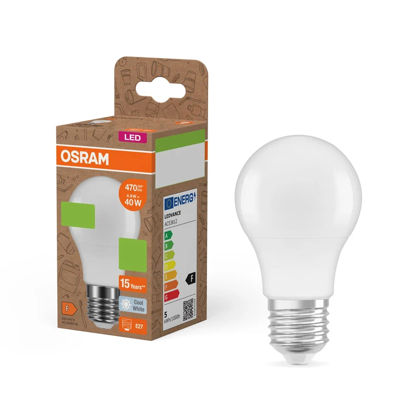 OSRAM LED PCR LAMPS WITH CLASSIC A , LED-Lampe, Matt, 4,9 W, (ex 40 W), 470 lm, Kaltweiß, 4000 K, 15000 h, CRI ≥80