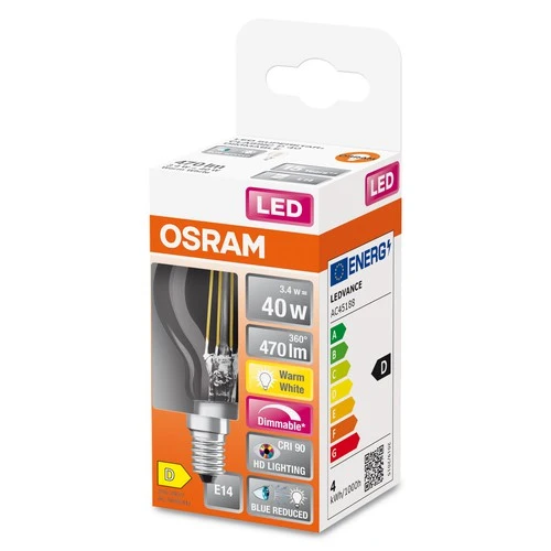 OSRAM FILAMENT LED-Lampe LED SUPERSTAR+ CL P FIL 40 dim 3,4W/940 E14 CRI90 BOX , Warmweiß