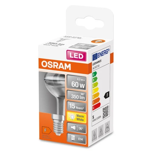 OSRAM LED-Reflektorlampen R50 mit Retrofit-Schraubsockel, 60 Watts Ersatz, E14, R50-shape, 2700 Kelvin, Warm weiß, Klares Glas, single Pack