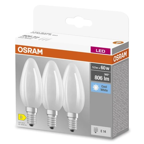 OSRAM LED BASE RETRO Matt CLASSIC B LED-Lampen, klassische Minikerzenform 6W E14 840, 3er Pack , Kaltweiß