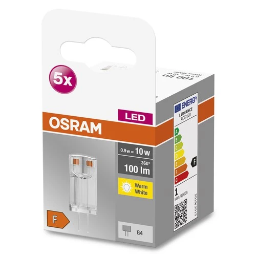 OSRAM LED Stiftsockellampe BASE PIN G4 12 V LED-Lampe CL10 non-dimmable 0.9W , Warmweiß 5er Pack