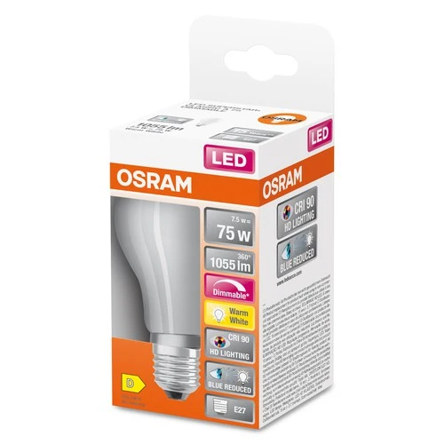 OSRAM Dimmbare LED-Lampe LED SUPERSTAR+ CL A GL FR 75 dim 7,5W/927 E27 CRI90 BOX, E27 , Warmweiß