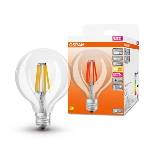 OSRAM Dimmbare FILAMENT LED-Lampe LED SUPERSTAR+ CL GLOBE95 FIL 100 dim 11W/927 E27 CRI90 BOX, E27 , Warmweiß