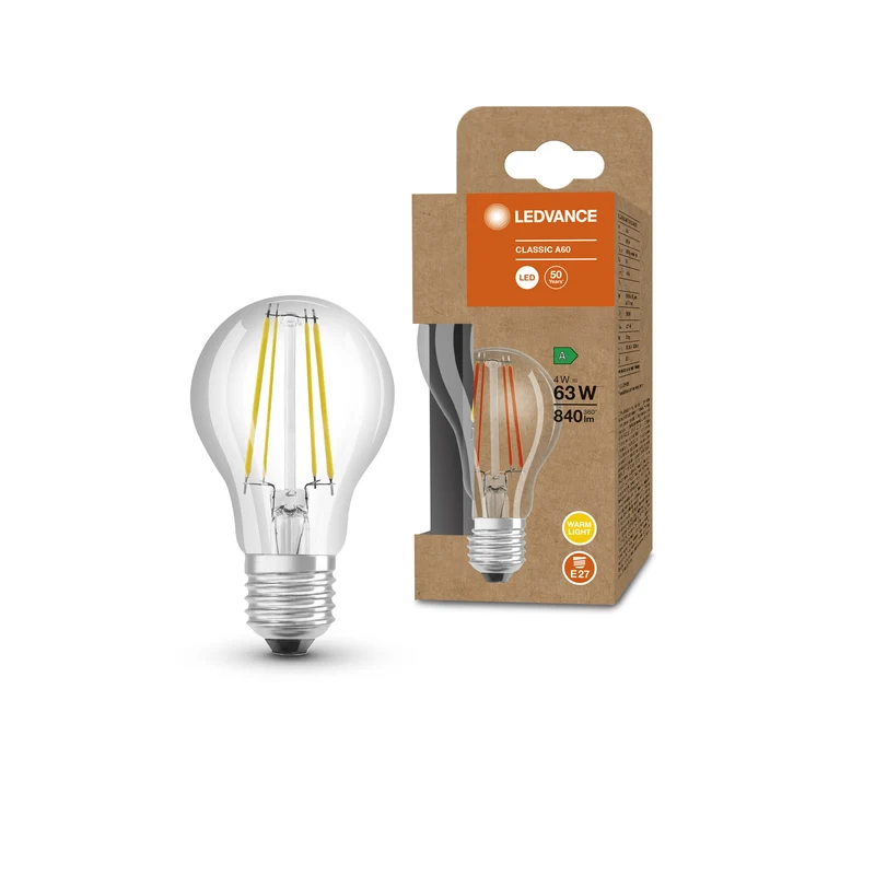 LEDVANCE LED CLASSIC A ENERGY EFFICIENCY A S in A-Form, LED-Lampe, Glas, Klar, 4 W, (ex 60 W), 840 lm, Warmweiß, 3000 K, Energieeffizienzklasse: A, 50000 h, CRI ≥80