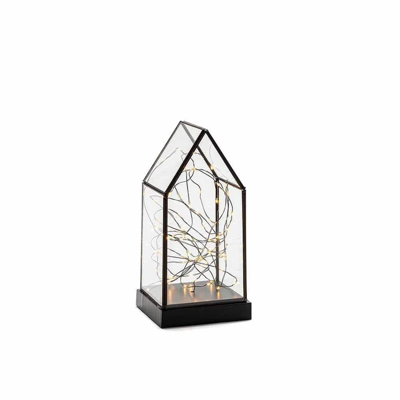 LED Glaslaterne mit schwarzem Holzfundament und 6h Timer Schwarz